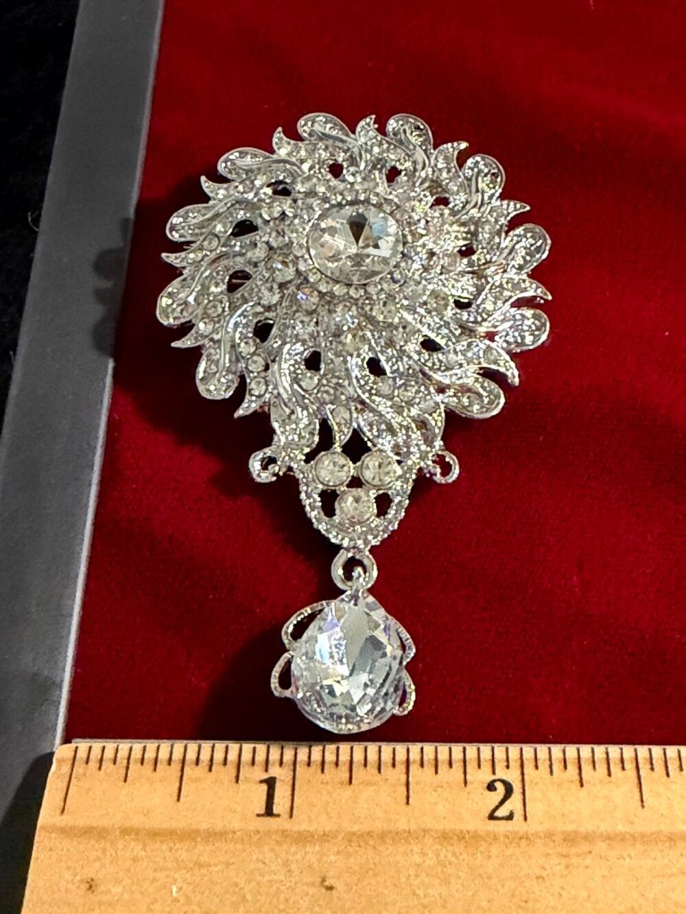 Silver-Tone Rhinestone Teardrop Dangle Brooch
